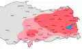 Early 1600s spread of Armenians, a few decades after Ottoman conquest, within modern Turkey, per the State Committee of the Real Estate Cadastre of Armenia[33]