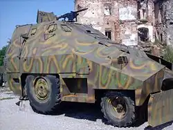 Croatian improvised armored backhoe with a 70 hp engine. The turntable was equipped with a 20 mm anti-aircraft cannon, a 12.7 mm Browning heavy machine gun or an 82 mm cannon from the Croatian War of Independence. Currently equipped with a German MG 42 light machine gun.