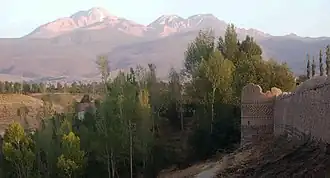 Arshoq Castle in Meshgin Shahr in foreground, Sabalan in background