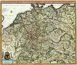 IMPERIUM ROMANO-GERMANICUM oder DEUTSCHLAND MIT SEINEN ANGRÄNTZENDEN KÖNIGREICHEN UND PROVINCIEN. Neulich entworffen und theils gezeichnet durch IULIUM REICHELT, Chur Pfaltz