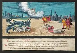 Folio 185. The beast from the bottomless pit (Revelation 11:5–8)