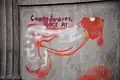 Phallic graffiti reading ‘Confederates suck my dick’, stencilled onto the Jefferson Davis Memorial, Monument Avenue. The graffiti was produced during the George Floyd protests in Richmond, Virginia in 2020