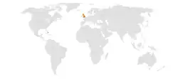 Map indicating locations of The Bahamas and United Kingdom