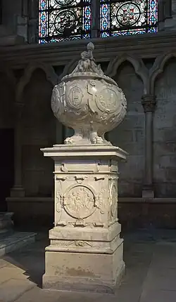 Renaissance cartouches on the Monument for the heart of Francis I, Basilica of Saint-Denis, Saint-Denis, France, by Pierre Bontemps, 1556[5]