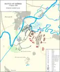 Battle of Szőreg. The situation around 6 p.m. Red - the Austrian troops, Blue - the Hungarian troops. Green - the Russian troops.