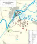 Battle of Szőreg. The start of the battle. Red - the Austrian troops, Blue - the Hungarian troops. Green - the Russian troops.