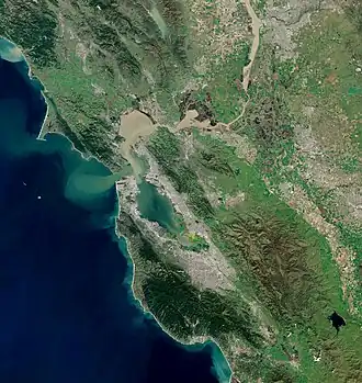 A satellite image of the Bay Area, depicting features visible from space.