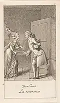 A Dutch print illustrating the "La reverence (curtsy)" by Georg Christoph Lichtenberg, 1779.