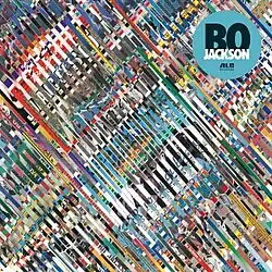 A collage consisting of diagonally-placed sliced strips of Bo Jackson baseball cards.