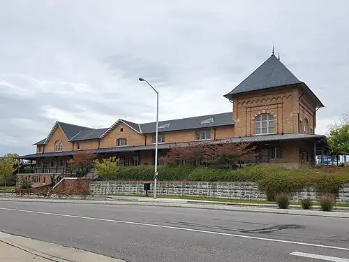 A tan brick railway station