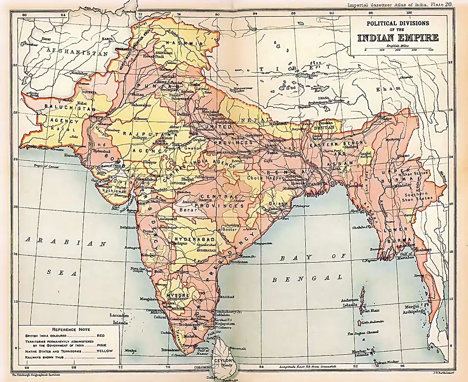Political subdivisions of the non-Arabian portions of the British Raj in 1909. British India is shown in two shades of pink; Sikkim, Nepal, Bhutan, and the princely states are shown in yellow.