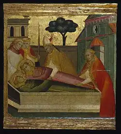 Lorenzo di Niccolò, Saint Lawrence Buried in Saint Stephen's Tomb, 1410–1414, tempera and tooled gold on poplar, 33 × 36&nbsp;cm