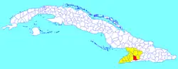Buey Arriba municipality (red) within Granma Province (yellow) and Cuba