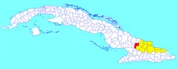 Calixto García municipality (red) within Holguín Province (yellow) and Cuba