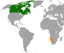 Map indicating locations of Canada and Namibia