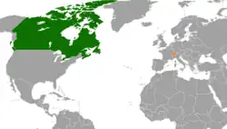 Map indicating locations of Canada and Switzerland