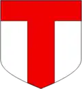 A chief combined with a pale makes a shape resembling the letter T.