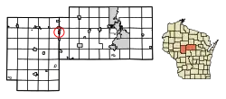 Location of Colby in Clark County and Marathon County, Wisconsin.