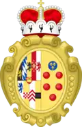A quartered shield. Upper left and lower right are a blue and grey diamond crosshatch. Upper right and lower left are a crowned yellow lion rampant on a black field. Over all, in the centre, is a small red shield bearing a gold cross atop the middle of three gold hills.
