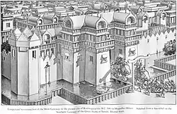 Conjectural reconstruction of the main gate of Kusinagara circa 500 BCE adapted from this relief at Sanchi.