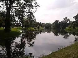 Croome lake in 2012, showing a footbridge and the islands