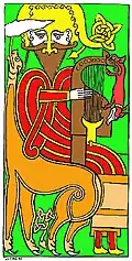 Cotton Vitellius F xi, folio 2r, redrawn in 1850. Colorized digitally. Image shows some lyres had a forepost (the dog) added to the lyre's arch, creating the not-quite symmetrical shape in some depictions.