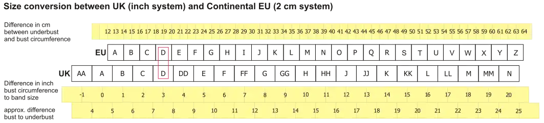 Conversion of Continental European and British cup sizes