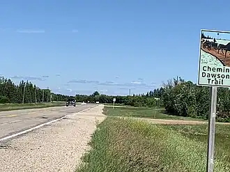Dawson Trail marker on Provincial Road 207 in the Rural Municipality of Taché, Manitoba