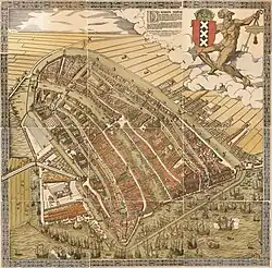A birdseye view of Amsterdam circa 1544, looking south. The Damrak is the waterway at the center.