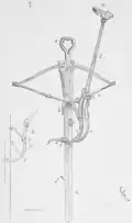Detailed illustration of a goat's foot lever mounted on a crossbow that is half-spanned