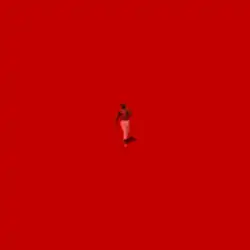 Diddy shirtless and wearing white pants mid-stride in the middle of a red box