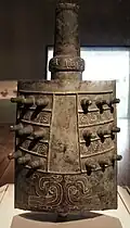 Bell (lai zhong); 800–700 BC (Western Zhou dynasty); 70.3 × 37 × 26.6&nbsp;cm (275⁄8 × 149⁄16 × 107⁄16 in.); from Meixian, Shaanxi); Cleveland Museum of Art. In ancient China music and ritual had political significance and were linked inseparably to the power of states