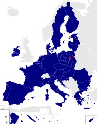 Map of the European Parliament constituencies with Warsaw highlighted in red