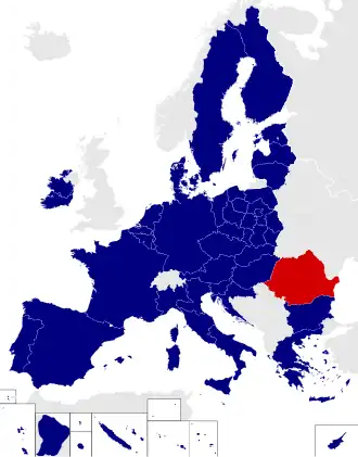 Map of the European Parliament constituencies with Romania highlighted in red