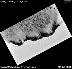 North Polar scarp in Abalos Undae with basal exposure and dunes and distance scale