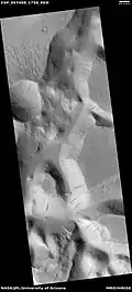 Minio Vallis, as seen by HiRISE under HiWish program Many dark slope streaks are present.