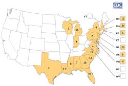 An image showing EEE incidence in the USA from 1964 to 2010.