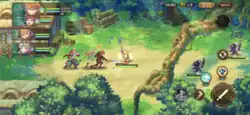 A horizontal rectangular video game screenshot that is a digital representation of the edge of a village at a forest path. Three cartoon characters with weapons attack a light colored monster. Two more dark colored monsters are further down the path.