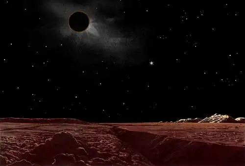 A painting by Lucien Rudaux showing how a lunar eclipse might appear when viewed from the lunar surface.[23]