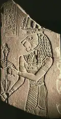 Votive plaque of king Tanyidamani and Apedemak, The Naqa kiosk, Excavation by John Garstang, 1909-1910, in the Temple of Apedemak; c.&nbsp;100&nbsp;BC; siltstone; 18.5 × 9.5&nbsp;cm Walters Art Museum