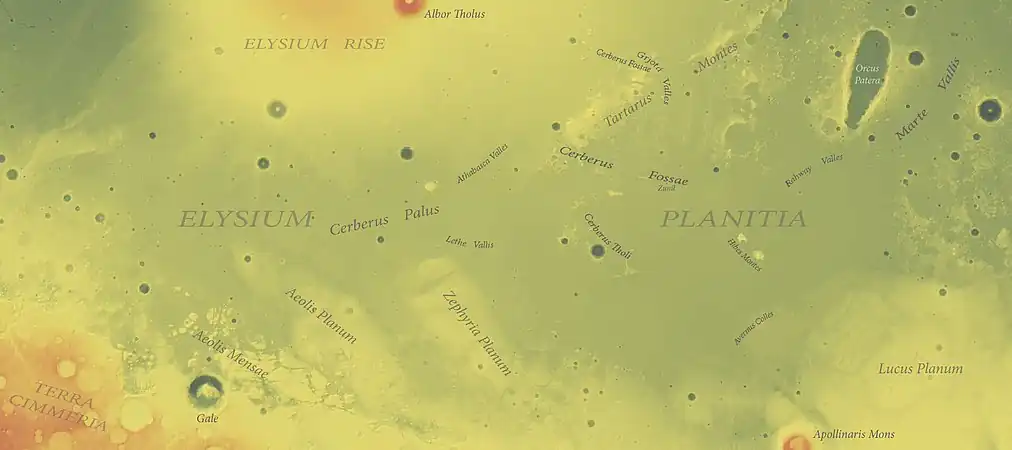 Another view of Aeolis Mensae (southwest), which gives a better picture of its surroundings to the north and west.