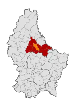 Map of Luxembourg with Erpeldange highlighted in orange, and the canton in dark red