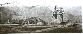 Experiment fights off several barges with her convoy and the island of Gonâve in the background