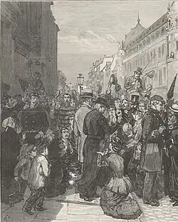 The rue de Sèvres&nbsp;[fr] at six o'clock in the morning: a Jesuit on the arm of a right-wing member of parliament walks through the cheering and praying crowd.