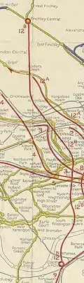 A coloured map shows proposed new railway routes superimposed in red on a map of existing railway lines