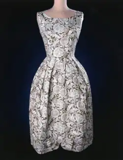 Brown and white flowered dress made from feedsacks