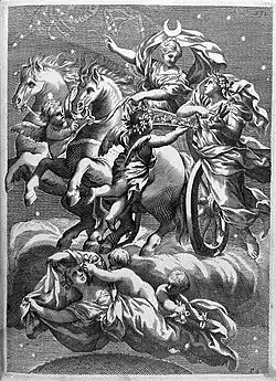 Selene in a flying chariot drawn by two white horses from "Flora, seu florum...", Ferrari 1646.