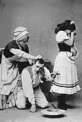 Vladimir Riabtzev as the Widow Simone, Mikhail Mordkin as Colas, and Sofia Fedorova as Lise in Alexander Gorsky's production, Moscow, circa 1915