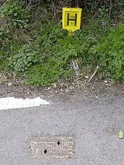 British fire hydrant and sign&nbsp;– the sign indicates the hydrant is 100&nbsp;mm in diameter and 1 metre from the sign
