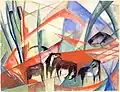 Franz Marc, Landschaft mit schwarzen Pferden, 1913, watercolor